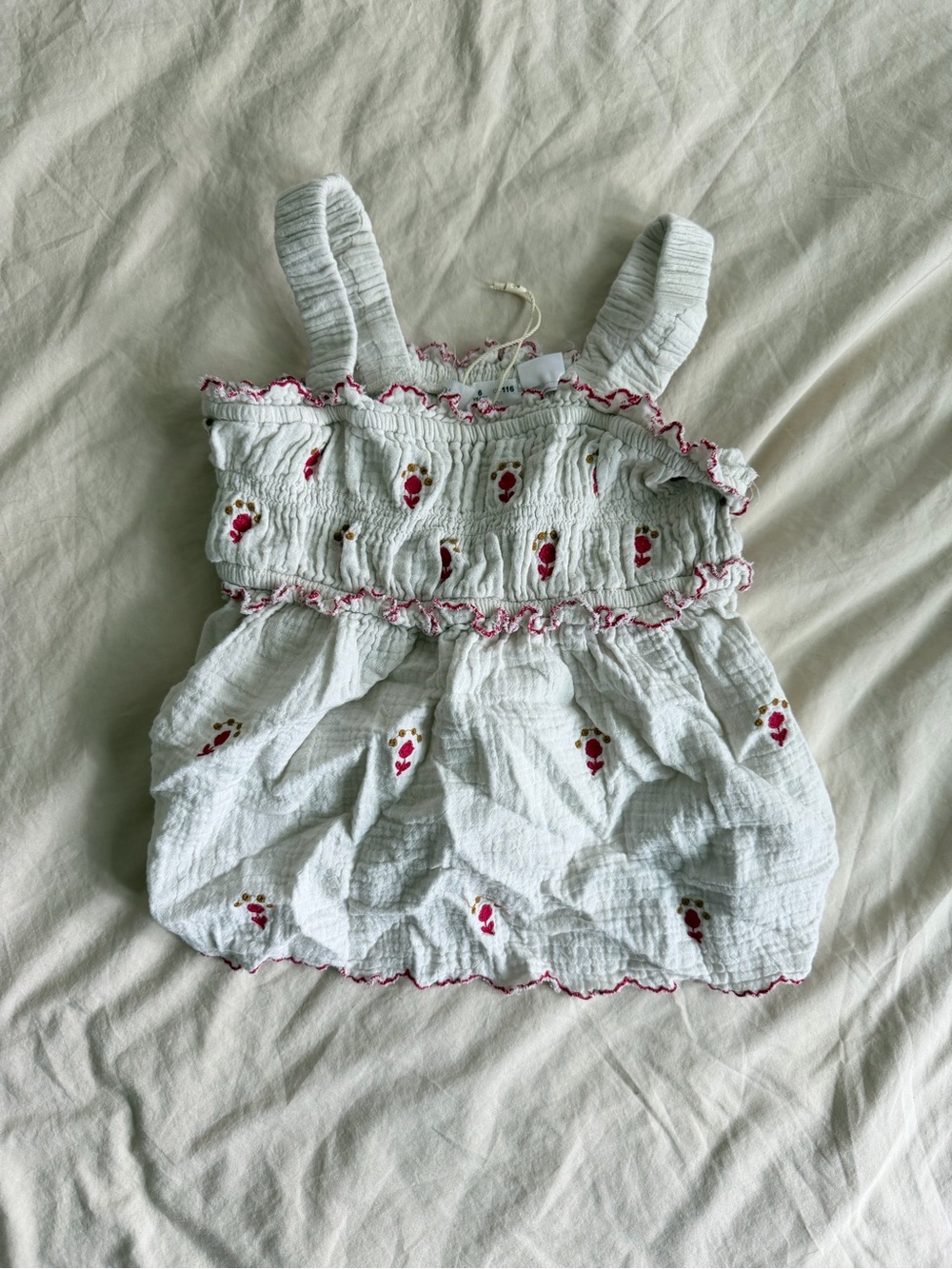 Zara White Smocked Floral Tank Top with Pink Trim